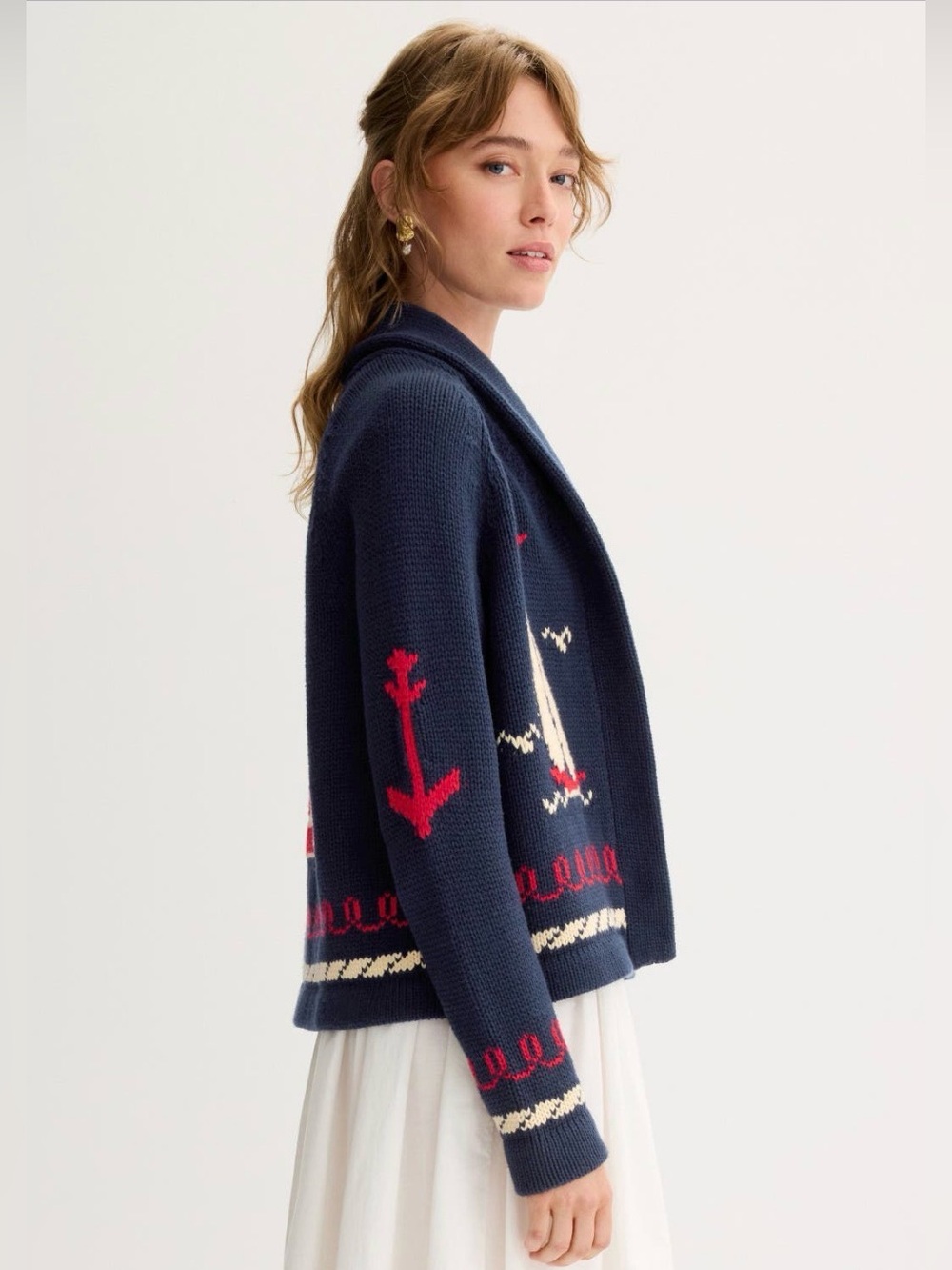 THE GREAT. Navy Sailboat Lodge Knit Cardigan with Cream and Red Accents - Picture 5 of 6